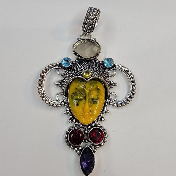 Sterling Silver Pendant with Yellow Carved Face and Multi-Gem Accents - Picture 1 of 11